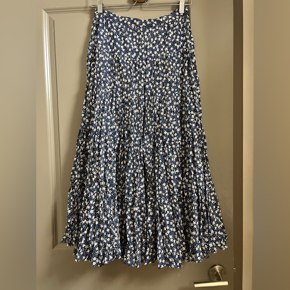 Polo Ralph Lauren Midi Skirt Pleated Crinkle Tiered Floral Size 12 Navy Blue - Picture 3 of 5